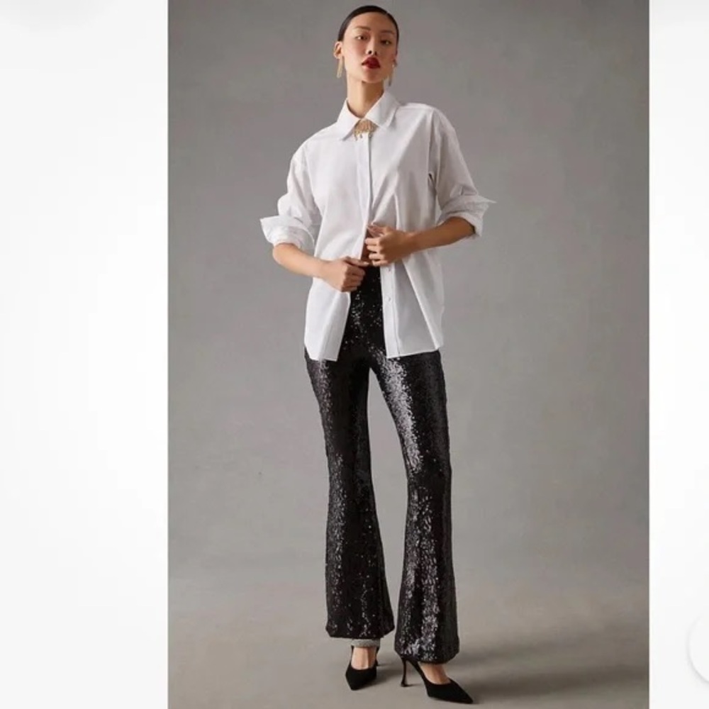 NWT Anthropologie Joni Sequin Flare Pants Black Cocktail Disco Holiday Size 4P - Picture 3 of 16